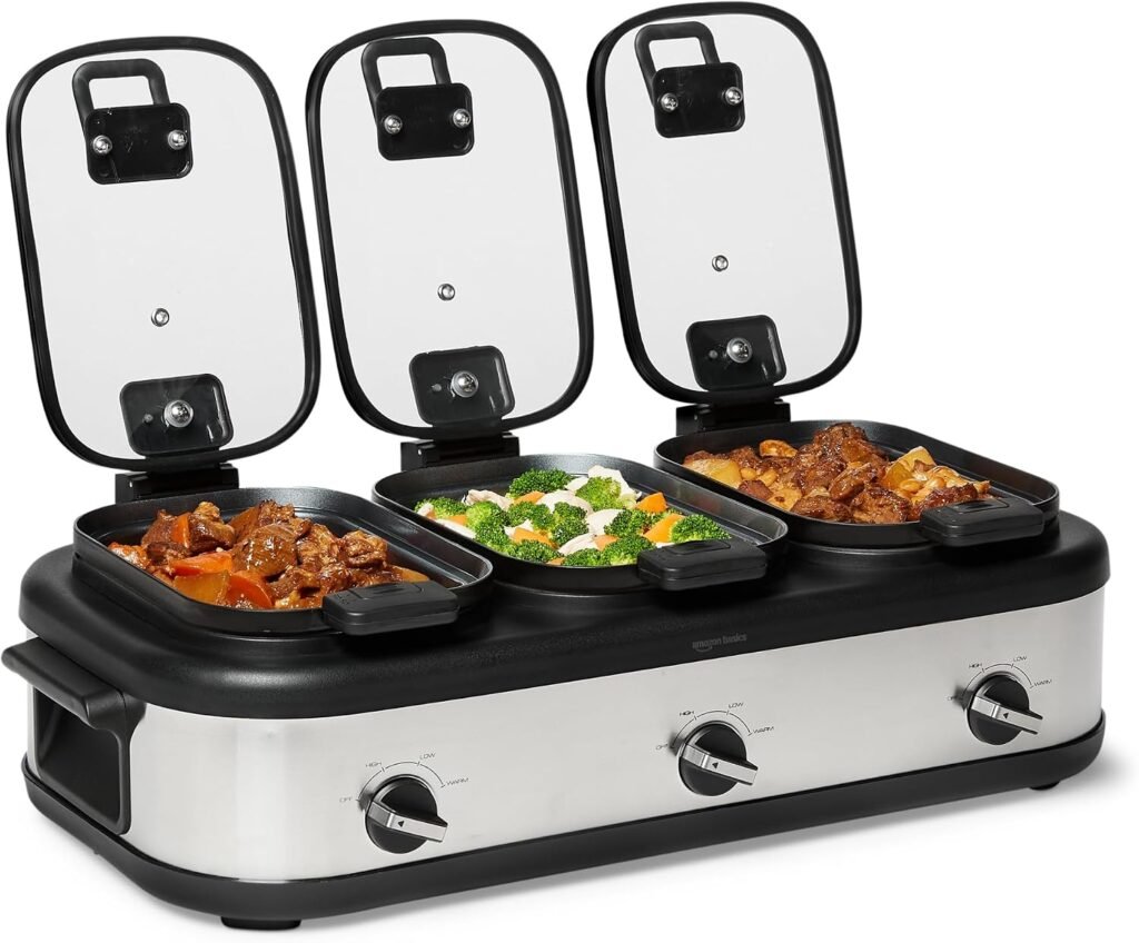 Amazon Basics Triple Slow Cooker with Ceramic Non-Stick Coating, Individual Temperature Controls, Locking Handles, Glass Lids, 3 x 2.5 Quarts, Stainless Steel