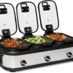Amazon Basics Triple Slow Cooker with Ceramic Non-Stick Coating, Individual Temperature Controls, Locking Handles, Glass Lids, 3 x 2.5 Quarts, Stainless Steel