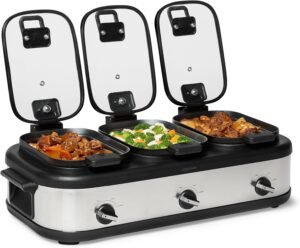 Stainless steel triple slow cooker with three ceramic pots and glass lids.