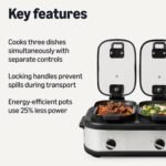 Amazon Basics Triple Slow Cooker with Ceramic Non-Stick Coating, Individual Temperature Controls, Locking Handles, Glass Lids, 3 x 2.5 Quarts, Stainless Steel
