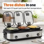 Amazon Basics Triple Slow Cooker with Ceramic Non-Stick Coating, Individual Temperature Controls, Locking Handles, Glass Lids, 3 x 2.5 Quarts, Stainless Steel