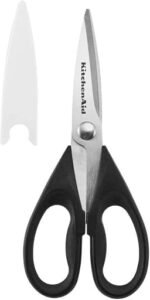 KitchenAid black kitchen shears with stainless steel blades and protective sheath