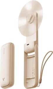 Beige Aecooly slim portable handheld fan resting on a surface