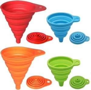 Four colorful silicone kitchen funnels in assorted small and large sizes.