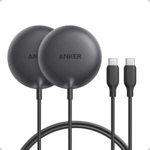 Anker Zolo MagSafe-compatible wireless charger with Qi2 15W fast charging on a desk.