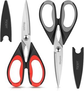 Two heavy-duty iBayam kitchen scissors with protective sheaths and comfortable grips.