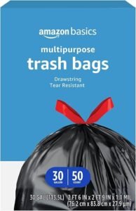 Amazon Basics 30 gallon trash bags in a 50 count box
