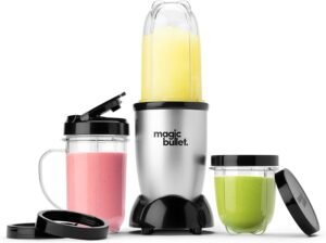 Magic Bullet blender silver 11 piece set on a countertop