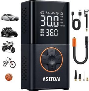 AstroAI L7 portable cordless tire inflator with a digital pressure gauge.