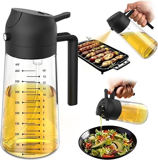 TrendPlain 16oz/470ml Glass Olive Oil Sprayer for Cooking – 2 in 1 Olive Oil Dispenser Bottle for Kitchen Gadgets and Air Fryer Accessories, Salad, BBQ – Black