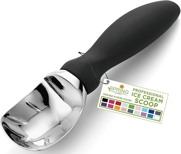 Spring Chef Heavy Duty Ice Cream Scoop with Comfortable Handle – Professional Ice Cream Scooper for Gelato, Sorbet, Cookie Dough, Melon, Frozen Yogurt – Dishwasher Safe Metal Kitchen Tool – Black