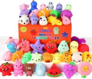 Assortment of 30 colorful mini kawaii squishy animal and fruit toys.