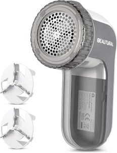 BEAUTURAL gray fabric shaver and lint remover with stainless steel blades.