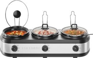 Chefman stainless steel triple slow cooker with three ceramic crocks