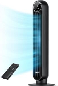 Sleek black tower fan for bedroom with digital display and remote.