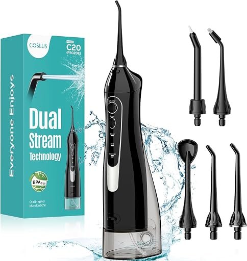COSLUS Water Dental Flosser Teeth Pick C20(F5020E): Portable Cordless Oral Irrigator 300ML Rechargeable Travel Irrigation Cleaner IPX7 Waterproof Electric Flossing Machine for Teeth Cleaning