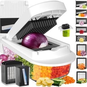 White 8-blade vegetable chopper mandoline slicer with container on a kitchen counter
