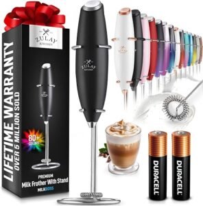 Black Zulay Kitchen handheld milk frother wand with electric whisk.
