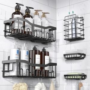 EUDELE Adhesive Shower Caddy 5-pack rustproof stainless steel organizers mounted on a bathroom wall