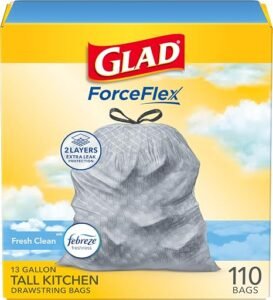 Glad 13 gallon trash bags box with Febreze Fresh Clean scent