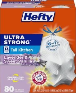 Hefty 13 gallon tall kitchen trash bags 80 count pack with lavender and sweet vanilla scent