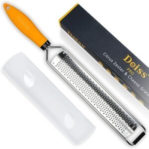 Stainless steel Deiss PRO lemon zester grater on a kitchen counter.