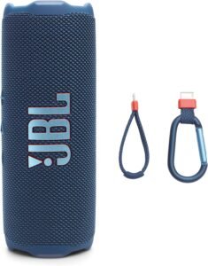 JBL Flip 7 blue portable Bluetooth speaker resting outdoors