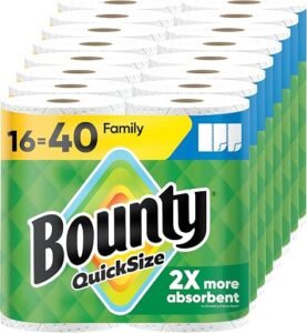 Stack of white bounty quick size paper towels 16 family rolls