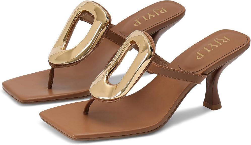Metal Flip Flop Heels Sandals for Women Slip on Thong Sandals Kitten Heels Beach Dressy Casual Fashion Summer Flip Flops Shoes