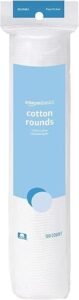 Amazon Basics hypoallergenic cotton rounds in a clear 100-count pack