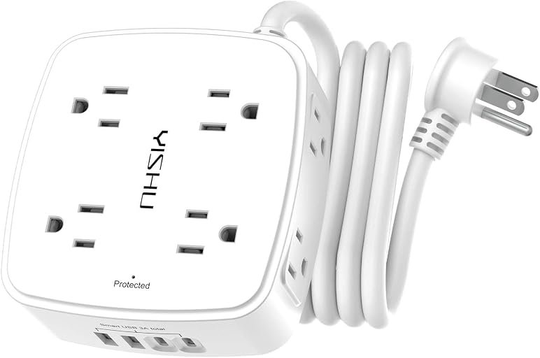 YISHU 6Ft Surge Protector Power Strip with 8 Widely Outlets & 4 USB Ports | 3 Side Outlet Extender with 6 Feet Extension Cord, Flat Plug, for Home, Office, College Dorm Room Essentials, ETL, White