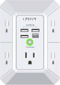 White QINLIANF wall charger surge protector featuring multiple outlets and USB ports.