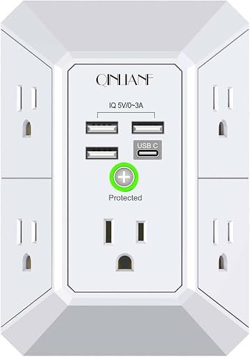Wall Charger, Surge Protector, QINLIANF 5 Outlet Extender with 4 USB Ports | 1680 Joules, 3-Sided Power Strip, Multi Plug Wall Outlet Adapter Spaced for Home Travel Office, White