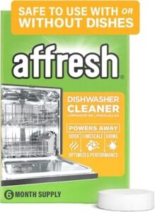 Box of affresh dishwasher cleaner tablets on a clean kitchen counter.