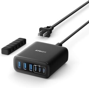 Anker 6 port USB C charger on a clean office desk.