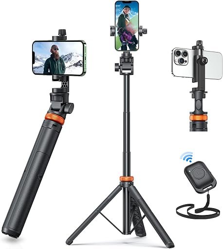 EUCOS 62″ Phone Tripod, Tripod for iPhone & Selfie Stick with Remote | Extendable Cell Phone Stand & Ultimate Phone Holder, Solidest Phone Stand Compatible with iPhone/Android