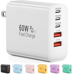 White multi port usb c wall charger with five charging ports