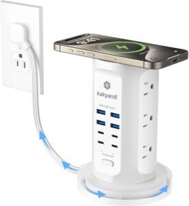 White kakyanill power strip tower with multiple outlets and USB ports.