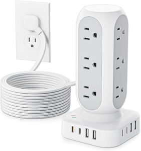 Charging station power strip tower with multiple AC outlets and USB ports
