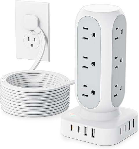 Flat Plug Power Strip Tower 10FT, 40W Total Fast Charging Station, Dual PD 20W USB-C Charger Tower with 12 AC Outlets and 8 USB Ports (4 USB C), Long Extension Cord for Home Office Dorm Room