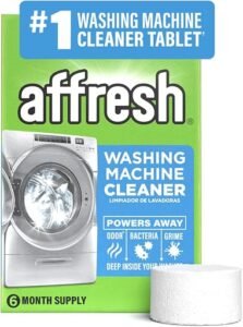 Six tablets of affresh washing machine cleaner packaged in a box.