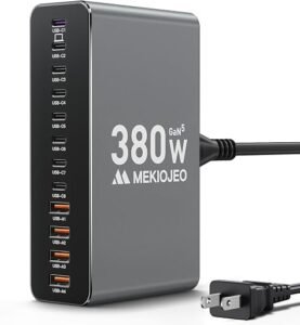 Gray aluminum 12 port USB C charging station with multiple connected devices.