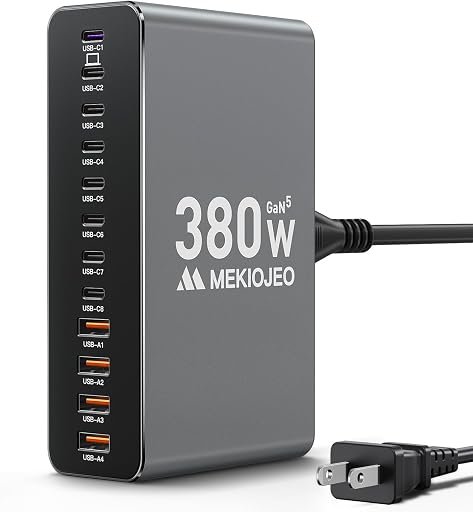 12 Ports Aluminum Alloy 380W Charging Station Fast USB C Charger Block 65W Laptop GaN Charger for MacBook Pro/Air/iPad Pro/iPhone (Gray)