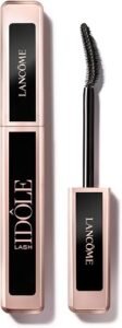 Lancôme Lash Idôle mascara tube next to its curved lifting brush.