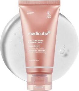 Tube of medicube collagen wrapping mask for overnight skincare and hydration.