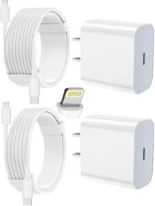 Two USB-C charging blocks and two long white Lightning cables.