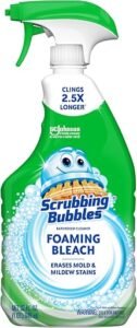 Scrubbing Bubbles foaming bleach cleaner spray bottle for bathroom surfaces.
