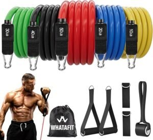 WHATAFIT resistance bands with handles, door anchor, and ankle straps.