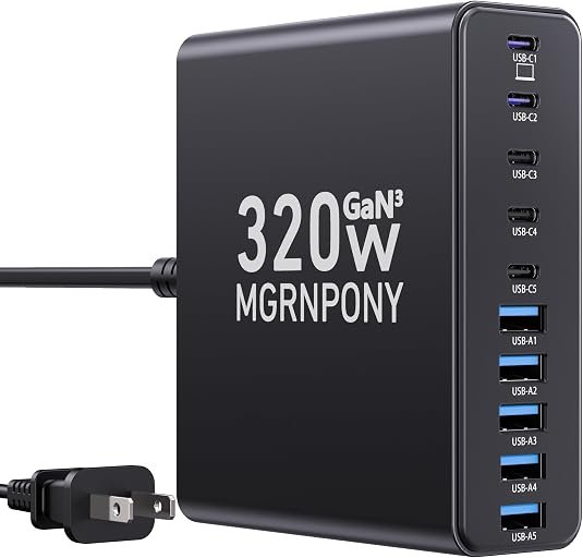 320W USB C Charger Block, 10-Port USB C Charging Station GaN III PD 65W Laptop Fast Charger Adapter for MacBook Pro/Air, DELL, iPad, iPhone, Samsung Galaxy Black