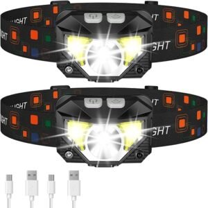 Two ultra-light rechargeable LED headlamps with motion sensors.